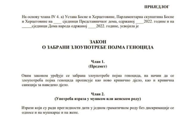 U Parlament BiH dostavljen Prijedlog zakona o zabrani zloupotrebe pojma genocid…