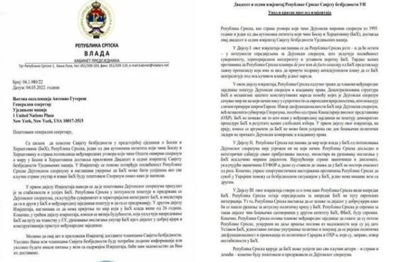 Vlada RS pisala Vijeću sigurnosti UN-a: BiH ne pomaže ni to što neki u međunarodnoj zajednici ne poštuju demokratske procedure BiH