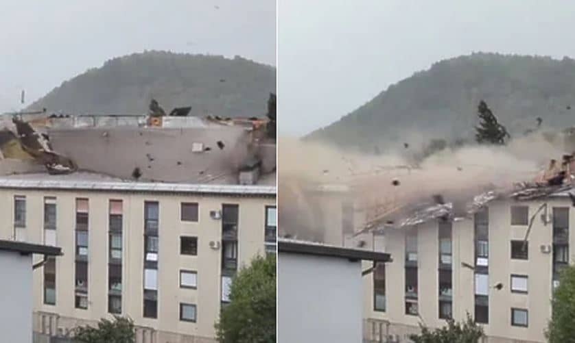 Jako olujno nevrijeme: Pogledajte snimak i vidite kako je vjetar u Sloveniji podigao krov sa zgrade